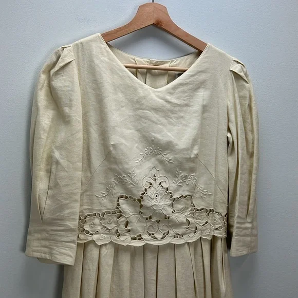 Vintage Lanz Original Cottagecore Maxi Dress Linen Cream Prairie Wedding Size 6 - Picture 3 of 12
